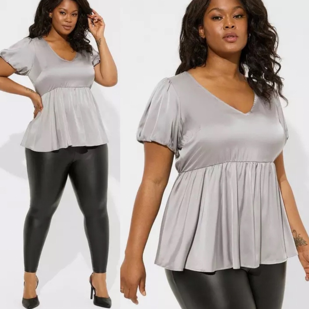 Torrid Silver Satin V-Neck Puff Sleeve Short Sleeve Blouse Womens 4X Top Party